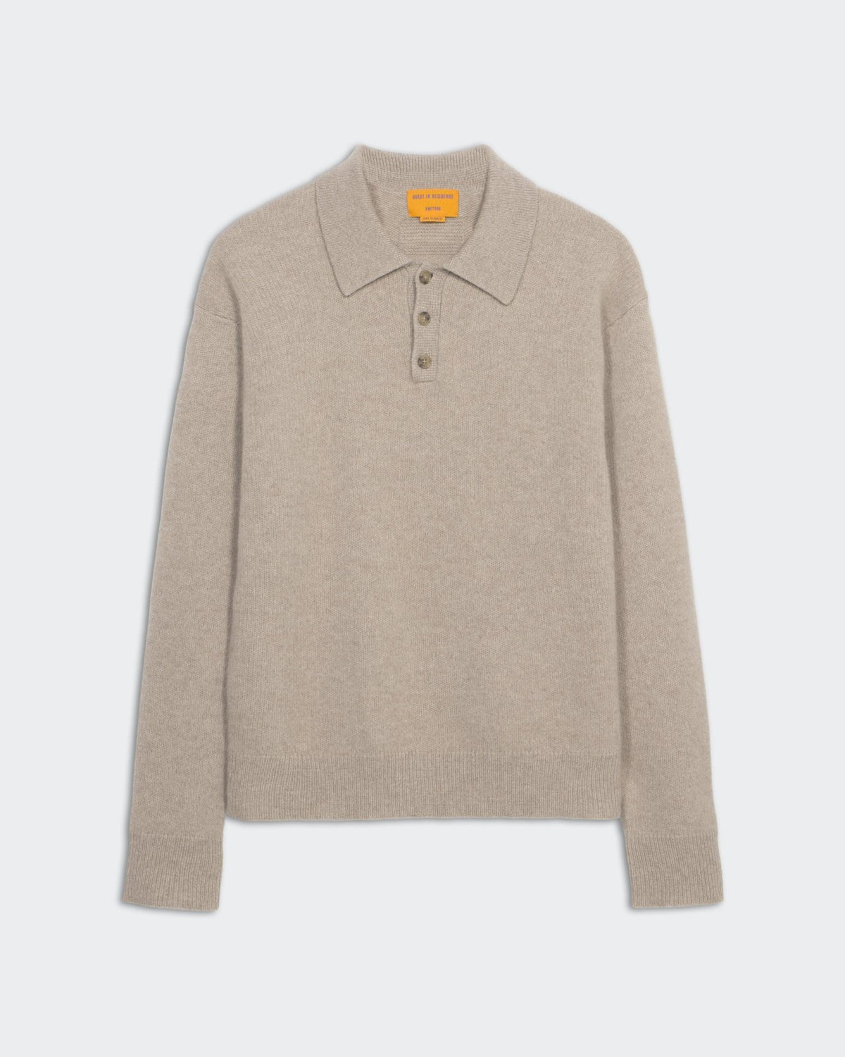 Allday Polo - Taupe men's cashmere ribbed collar and cuffs, three-button half placket, medium weight knit sweater.