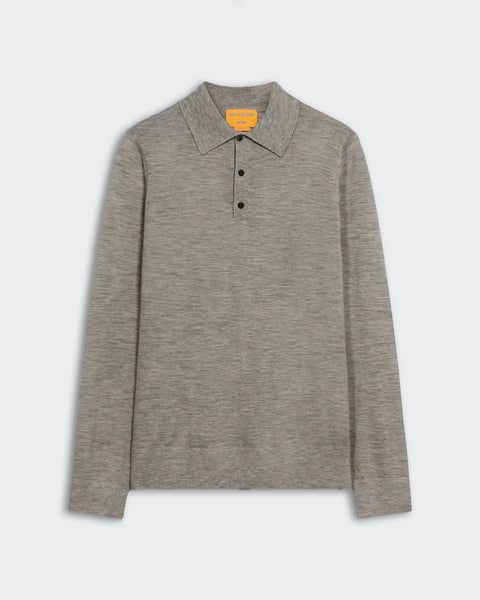 Airy Polo - Stone, a long-sleeve polo shirt in a soft, muted stone gray with a pointed collar and a three-button placket, laid flat on a light background.