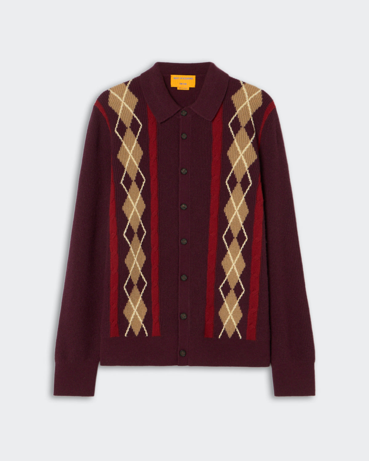 Burgundy button-up cardigan with beige, brown, and red argyle patterns running vertically down the front, featuring a collar and long sleeves.