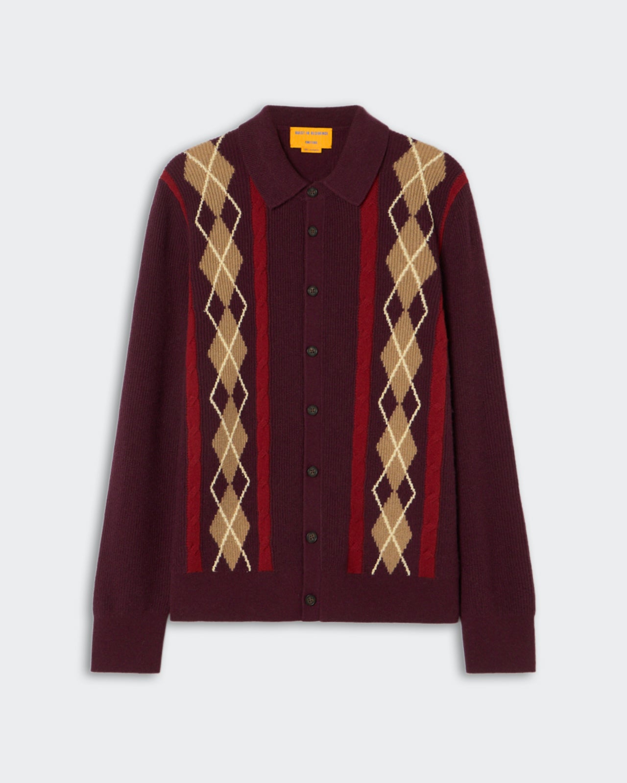 Burgundy button-up cardigan with beige, brown, and red argyle patterns running vertically down the front, featuring a collar and long sleeves.