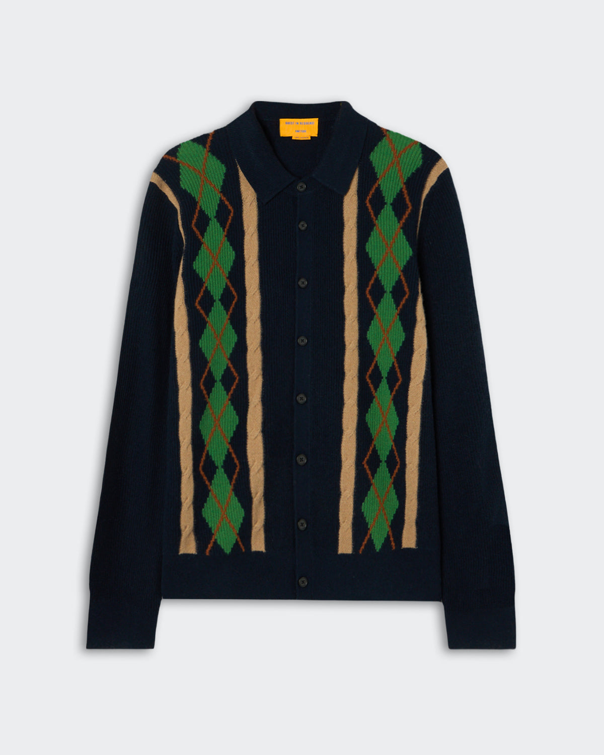Dark navy cardigan with green and beige vertical argyle cable-knit patterns on the front and black buttons down the center.