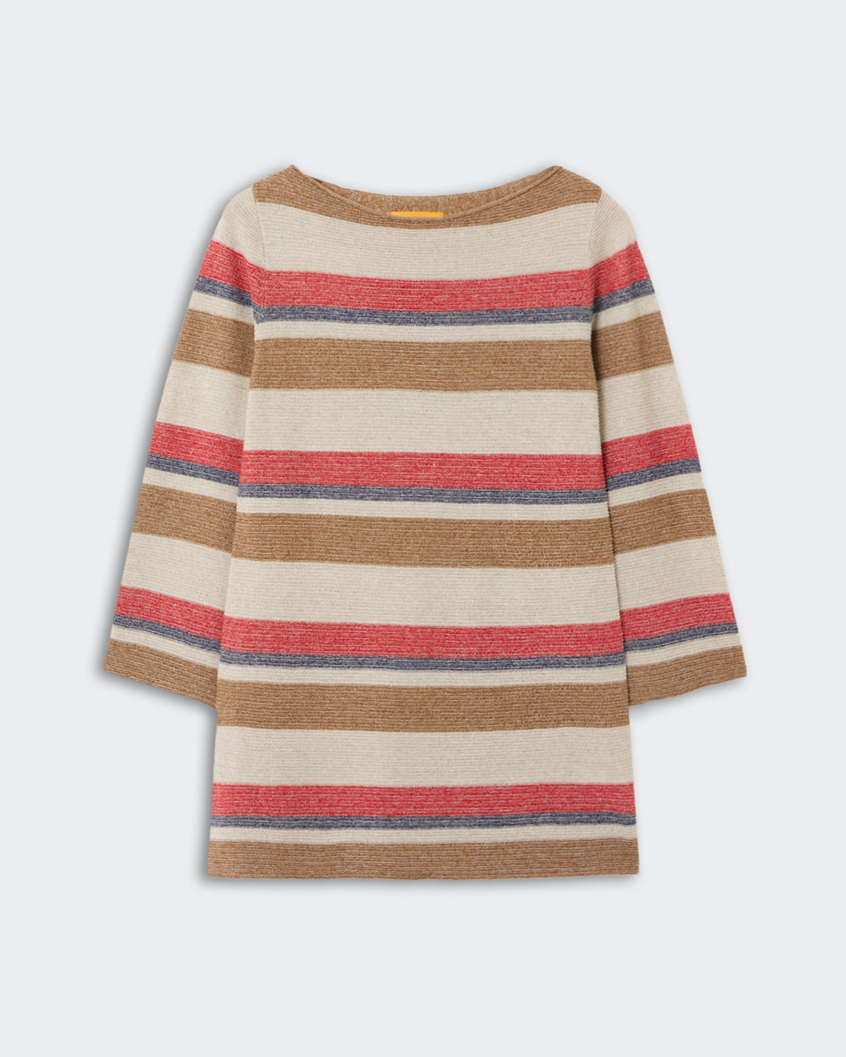 Bayside Mini Dress - Cream Combo, a cozy knit mini dress featuring horizontal stripes in cream, warm brown, coral red, and muted gray with a relaxed fit and long sleeves.