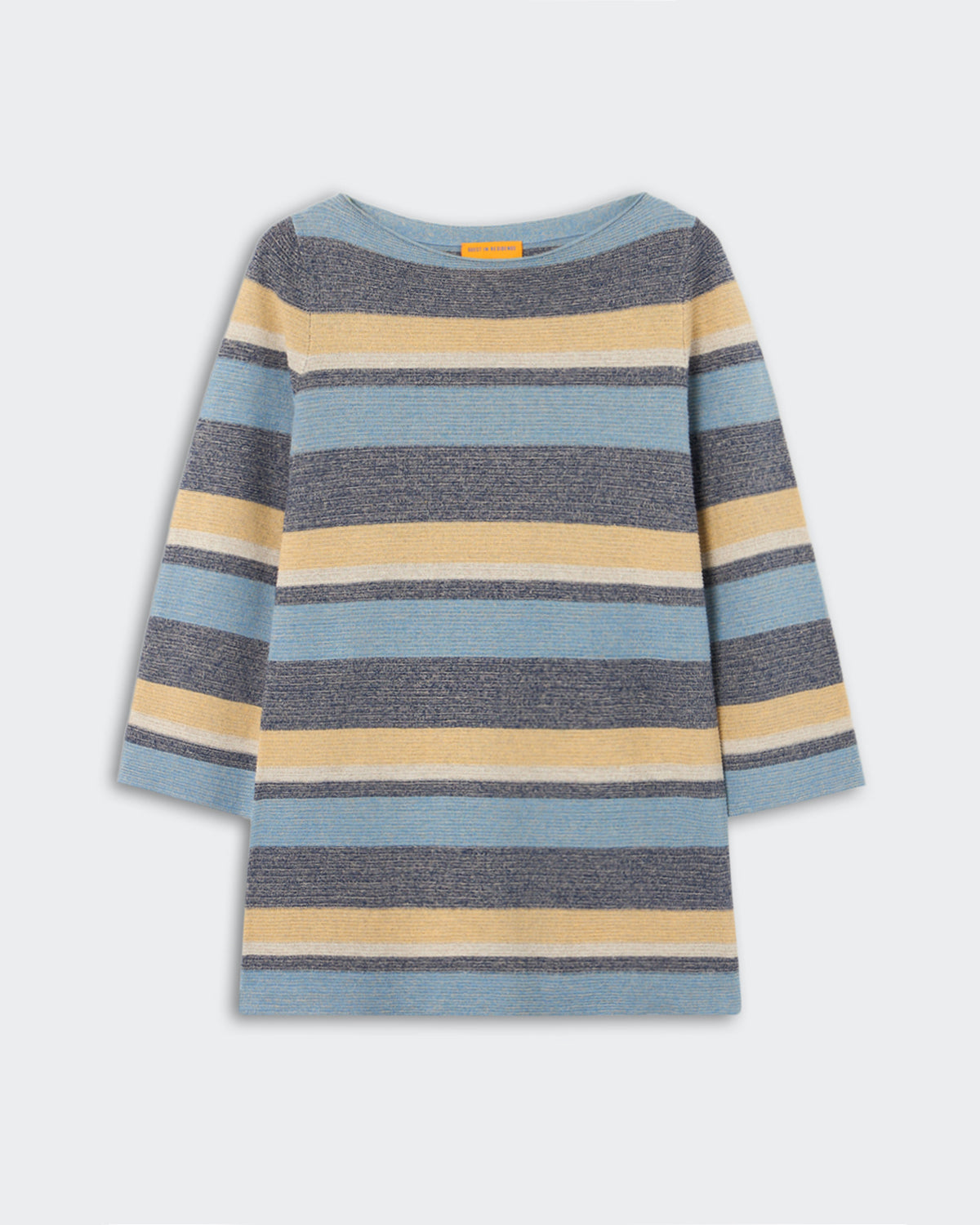 Bayside Mini Dress - Navy Combo, a casual knit mini dress featuring horizontal stripes in navy, light blue, and beige tones with a relaxed fit and three-quarter length sleeves.