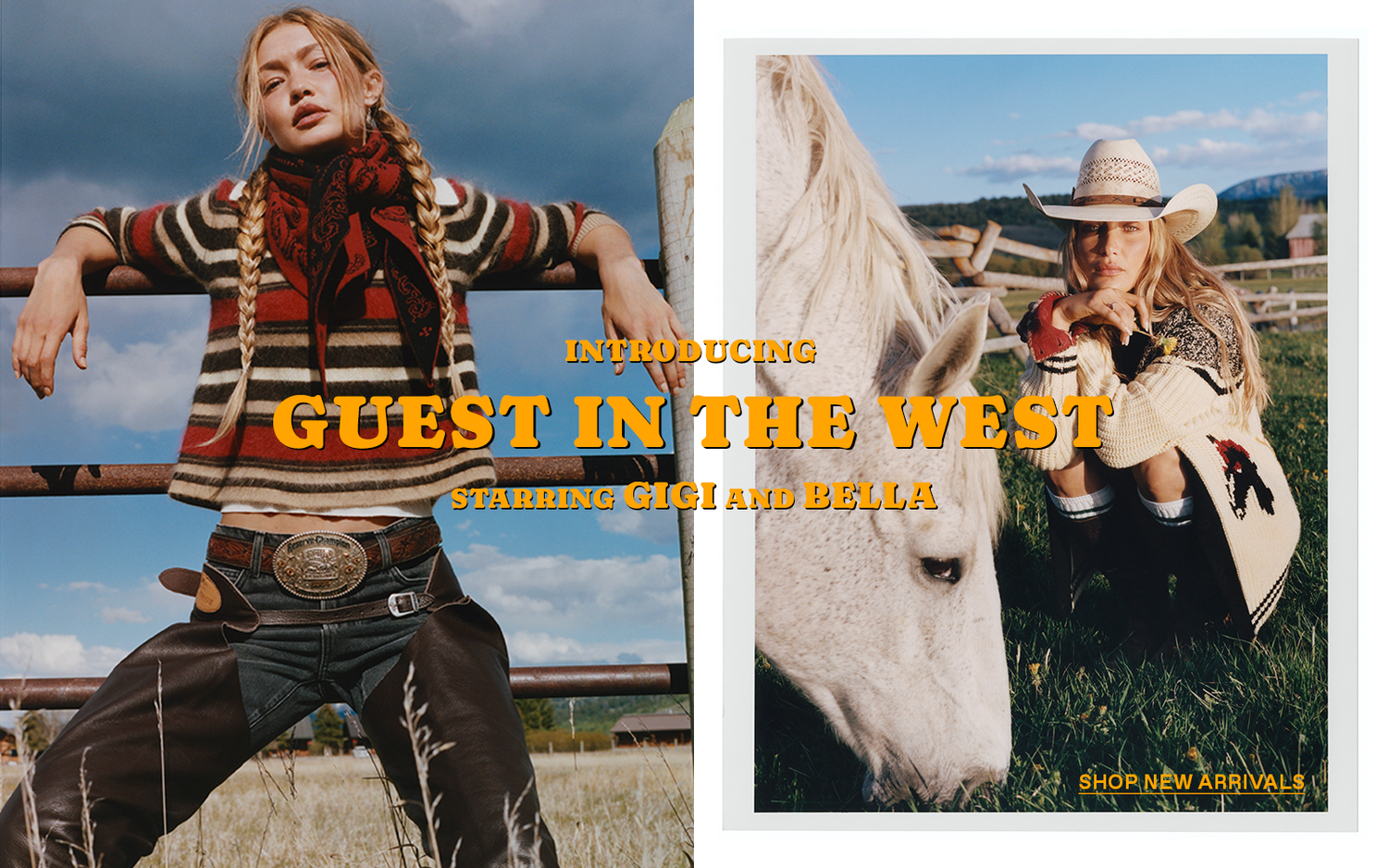 Fashion collage showing a woman in western inspired clothing beside a white horse and a framed rider photo, with text reading Introducing Guest in the West starring Gigi and Bella