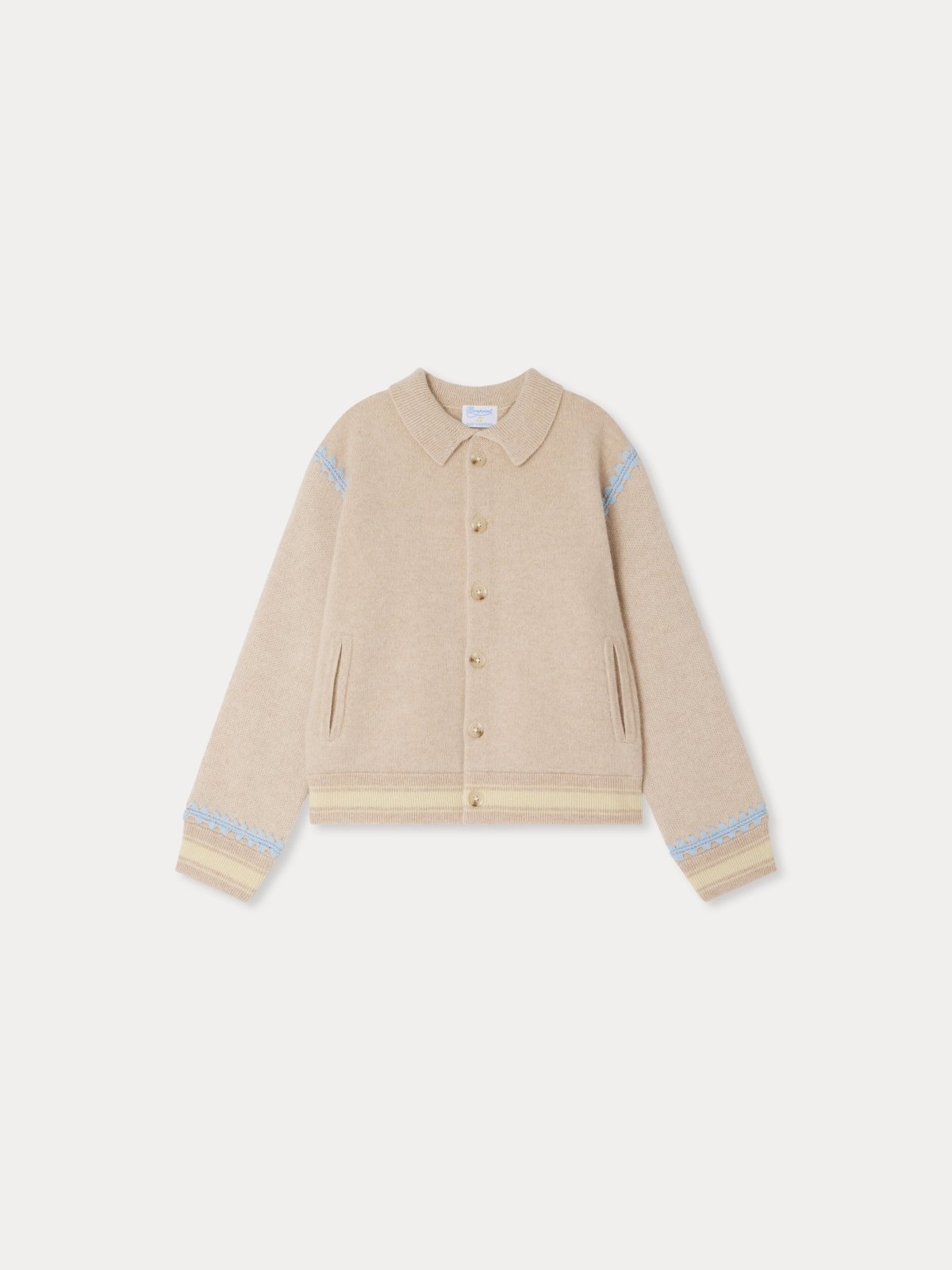 Beige LIBERTE jacket made of 100% cashmere with pointed collar, front button fastening, and blue patterned details on sleeves.