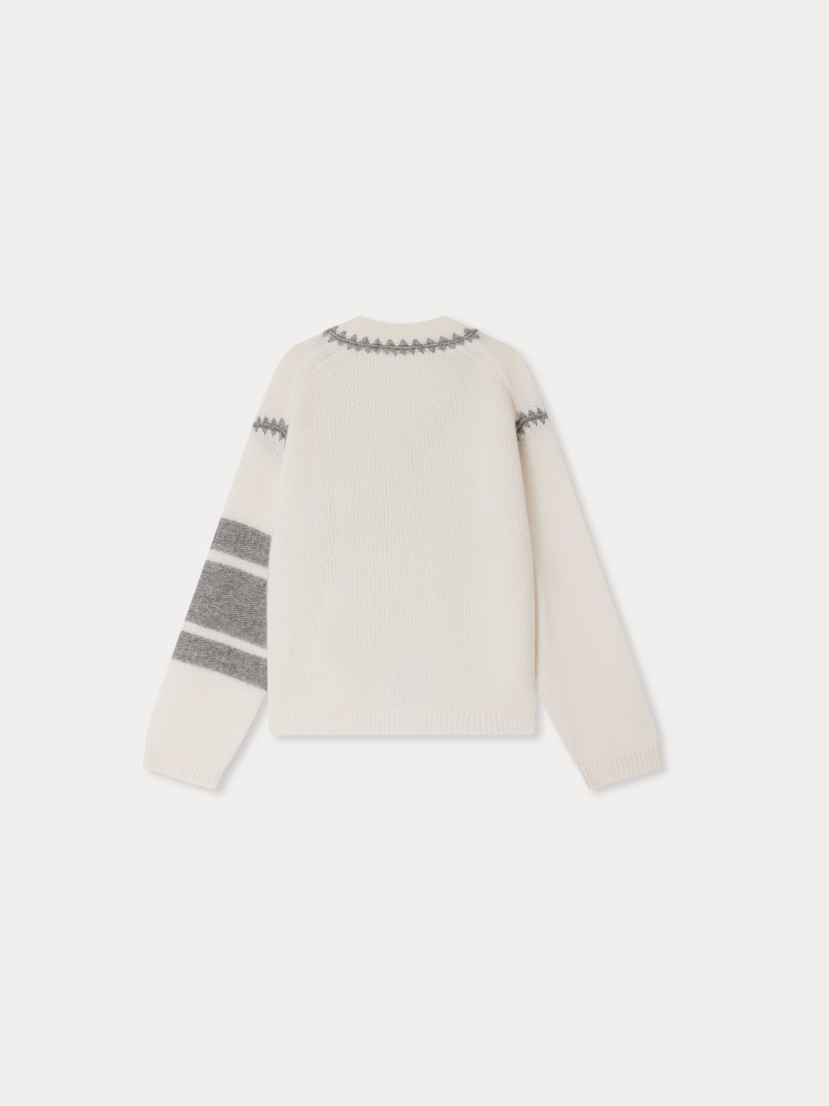 Back view of LYNDON CARDIGAN in white cashmere with grey stripe details on sleeve and ribbed cuffs and hem.
