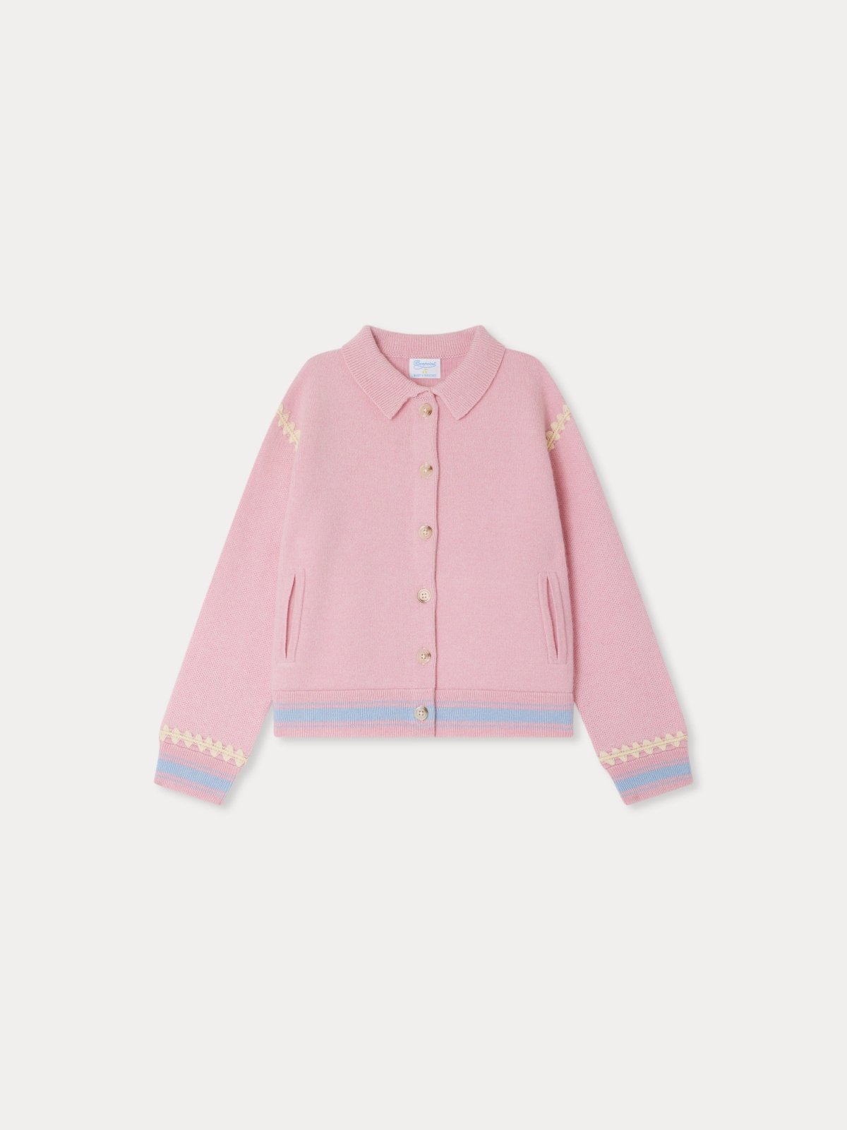 Pink cashmere Liberte Jacket with round neck, button closure, and patterned trim on cuffs and hem.