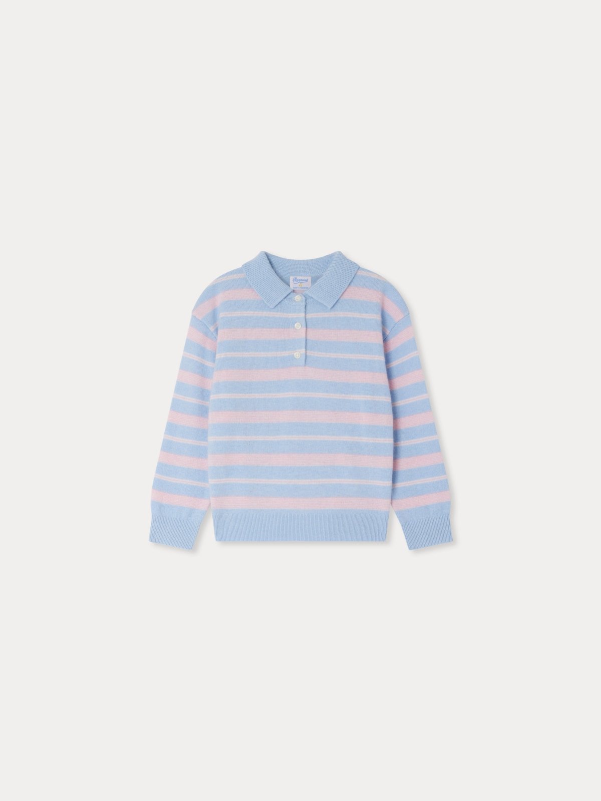 Light blue and pink striped cashmere sweater with buttoned polo collar and ribbed cuffs and hem