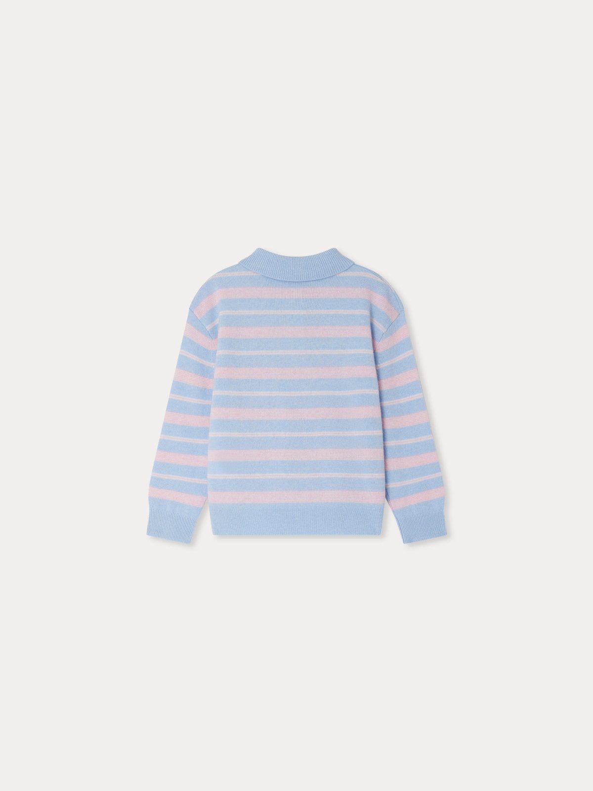 Back view of Louie Sweater in blue and pink stripes with ribbed cuffs and hem, made from 100% cashmere.