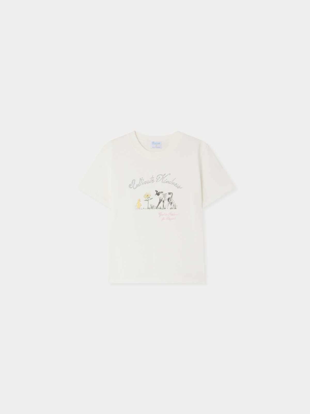 White THIBALD T-shirt with crew neck, short sleeves, organic cotton, and a delicate nature-themed graphic on chest.