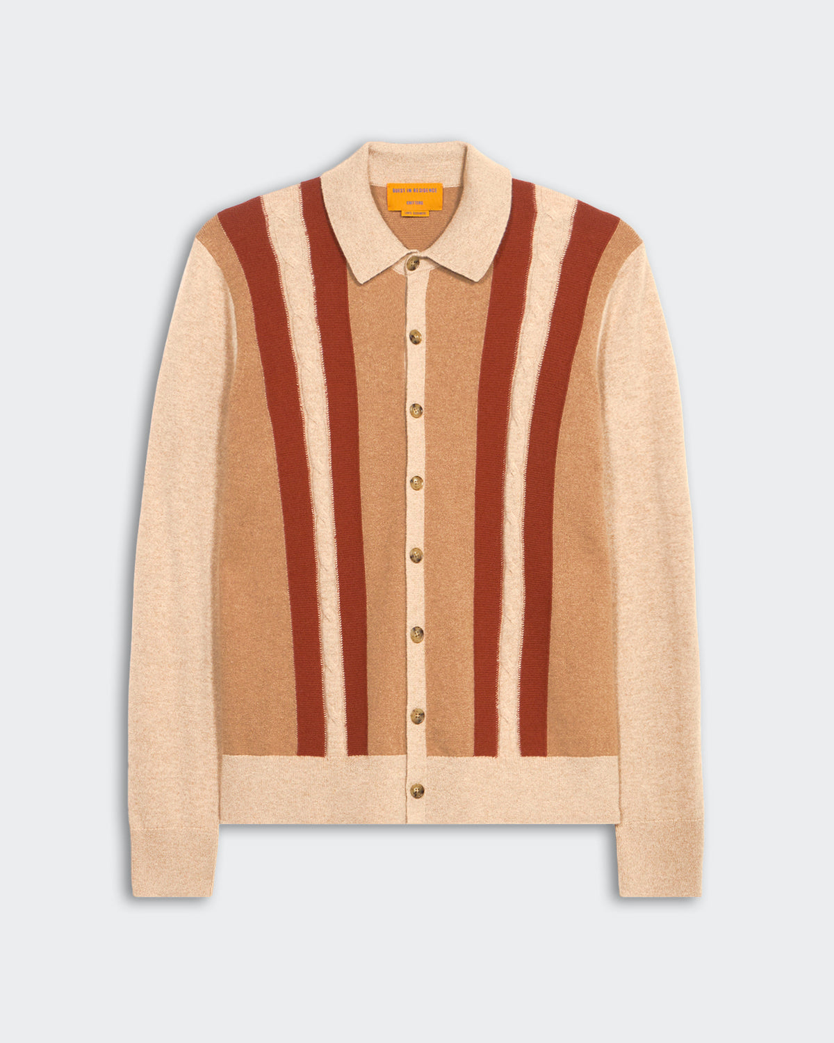 Cable Plaza Shirt - Dune Combo unisex cashmere sweater with vertical stripes and button-down front closure.