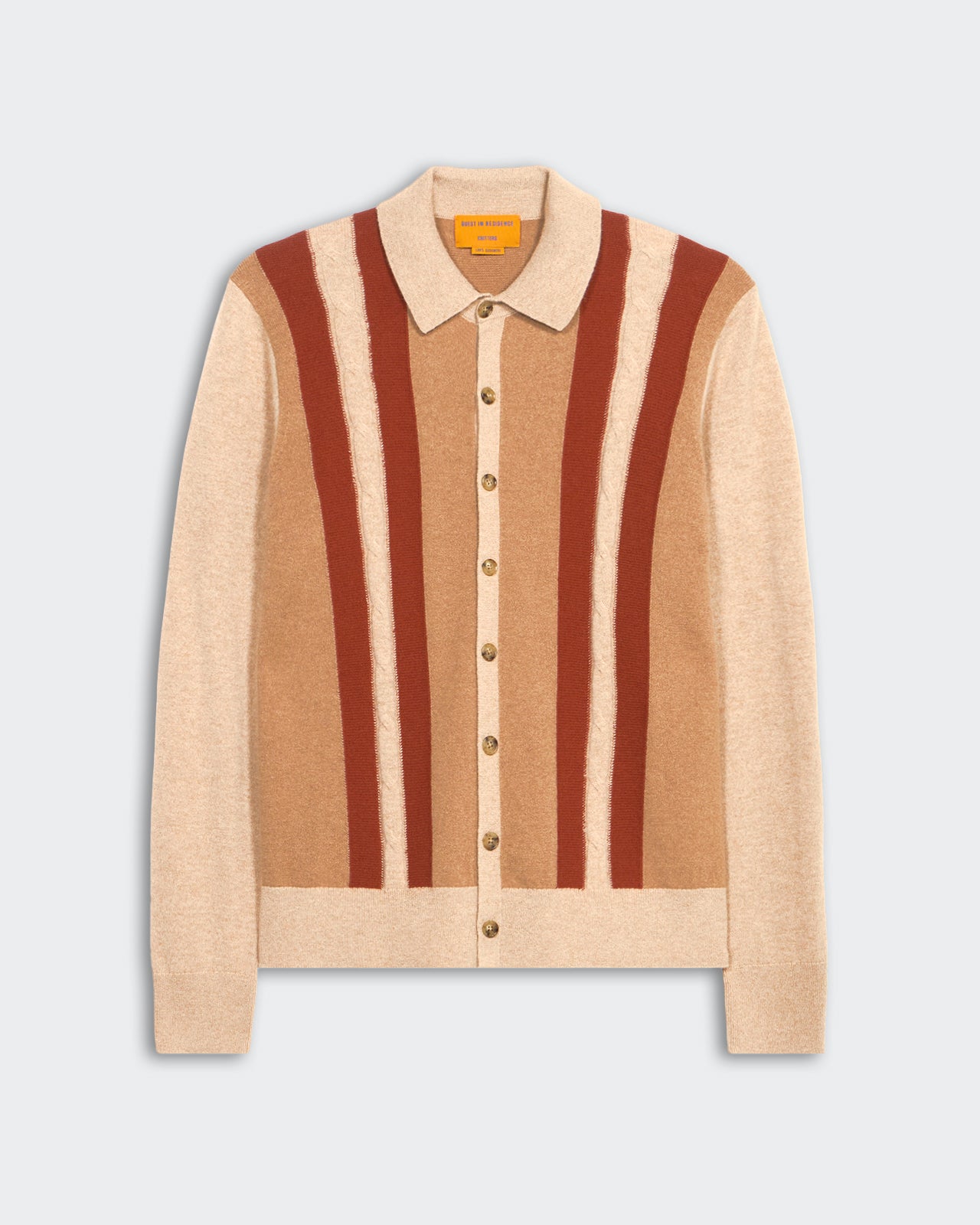 Cable Plaza Shirt - Dune Combo unisex cashmere sweater with vertical stripes and button-down front closure.