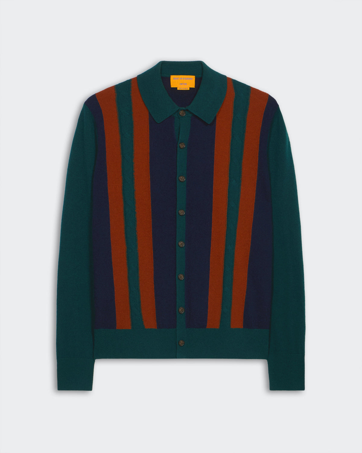 Cable Plaza Shirt - Holly Combo unisex cashmere sweater with vertical stripes and button-down front closure.