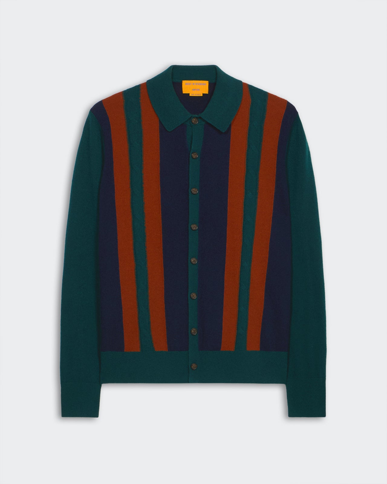 Cable Plaza Shirt - Holly Combo unisex cashmere sweater with vertical stripes and button-down front closure.