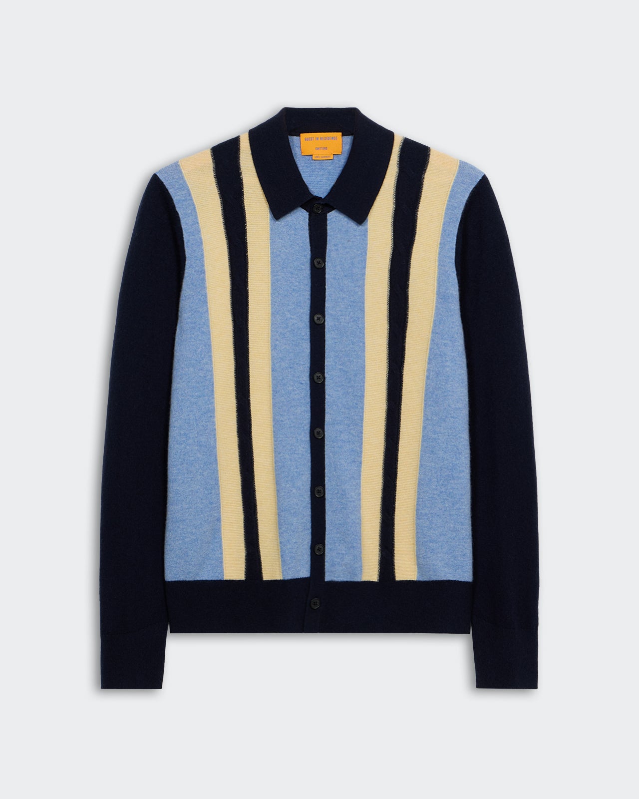 Cable Plaza Shirt - Midnight Combo unisex cashmere button-down sweater with vertical stripes and polo collar.