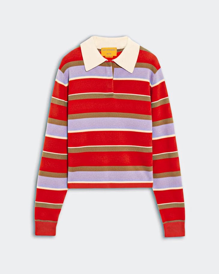 Women's cropped rugby polo sweater with chili red, lavender, and brown horizontal stripes and white collar