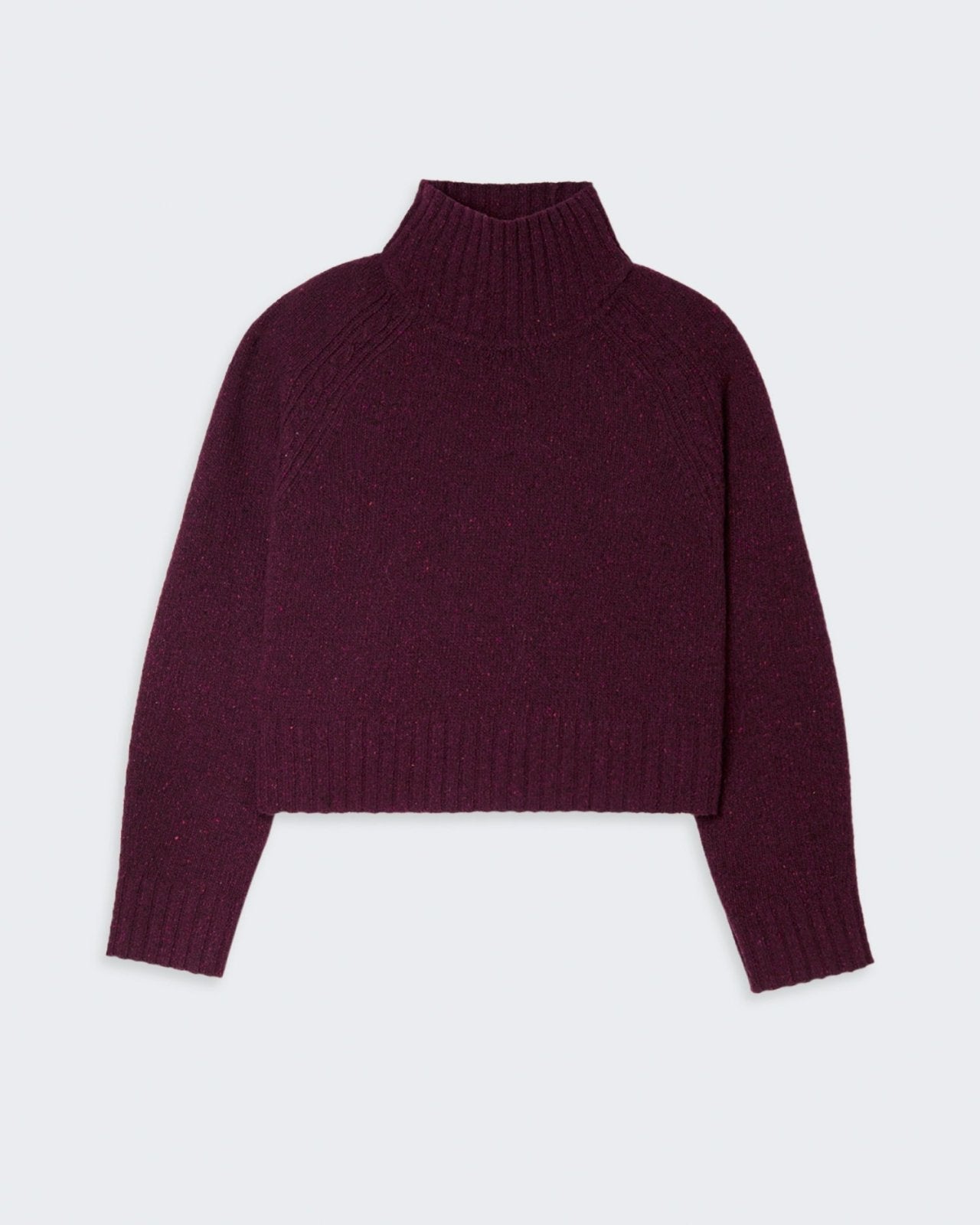 Cropped turtleneck sweater in recycled cashmere-wool blend, plum color.