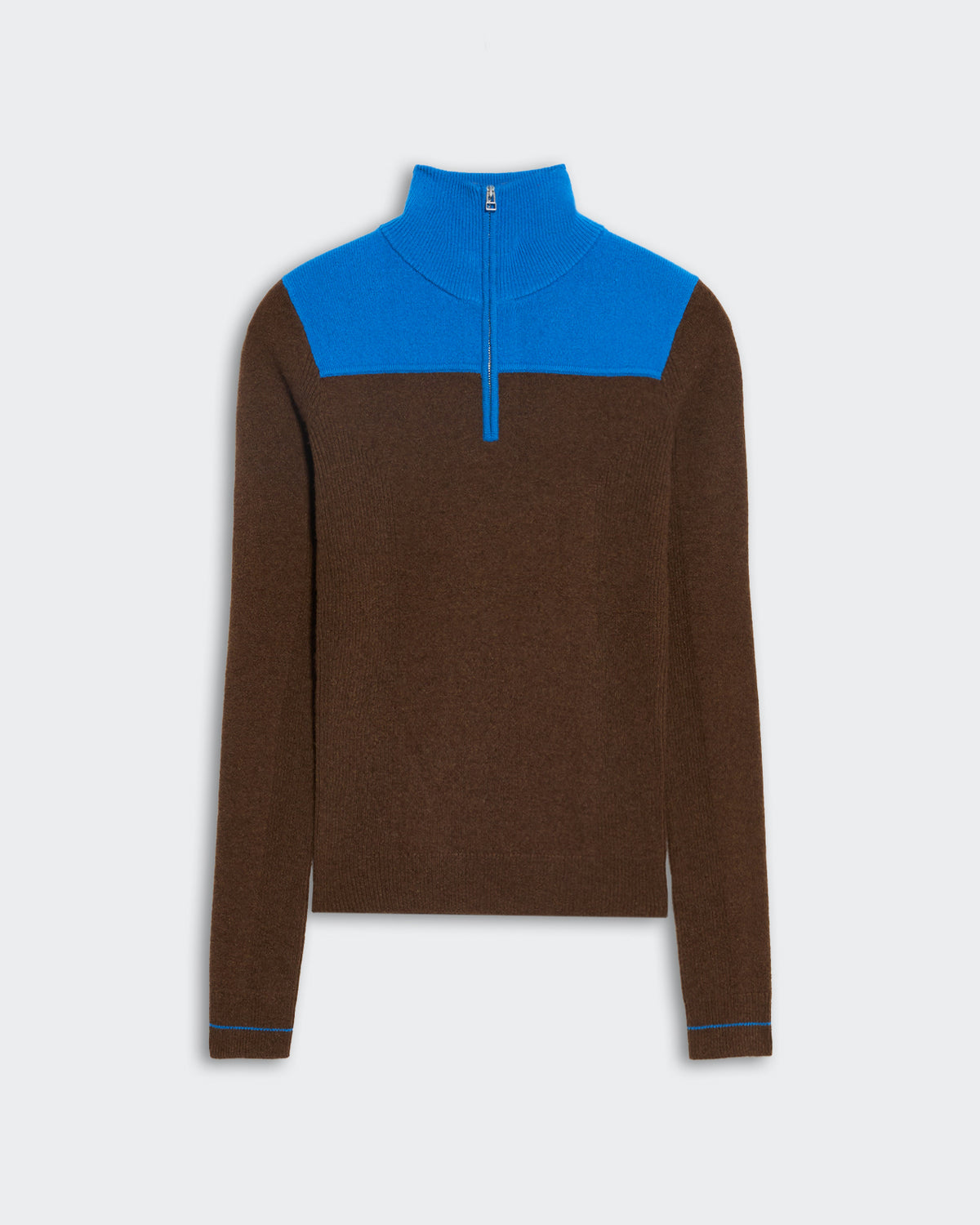 Lightweight Alpine Half Zip pullover in chestnut brown with twilight blue color block shoulder yoke and front zip collar