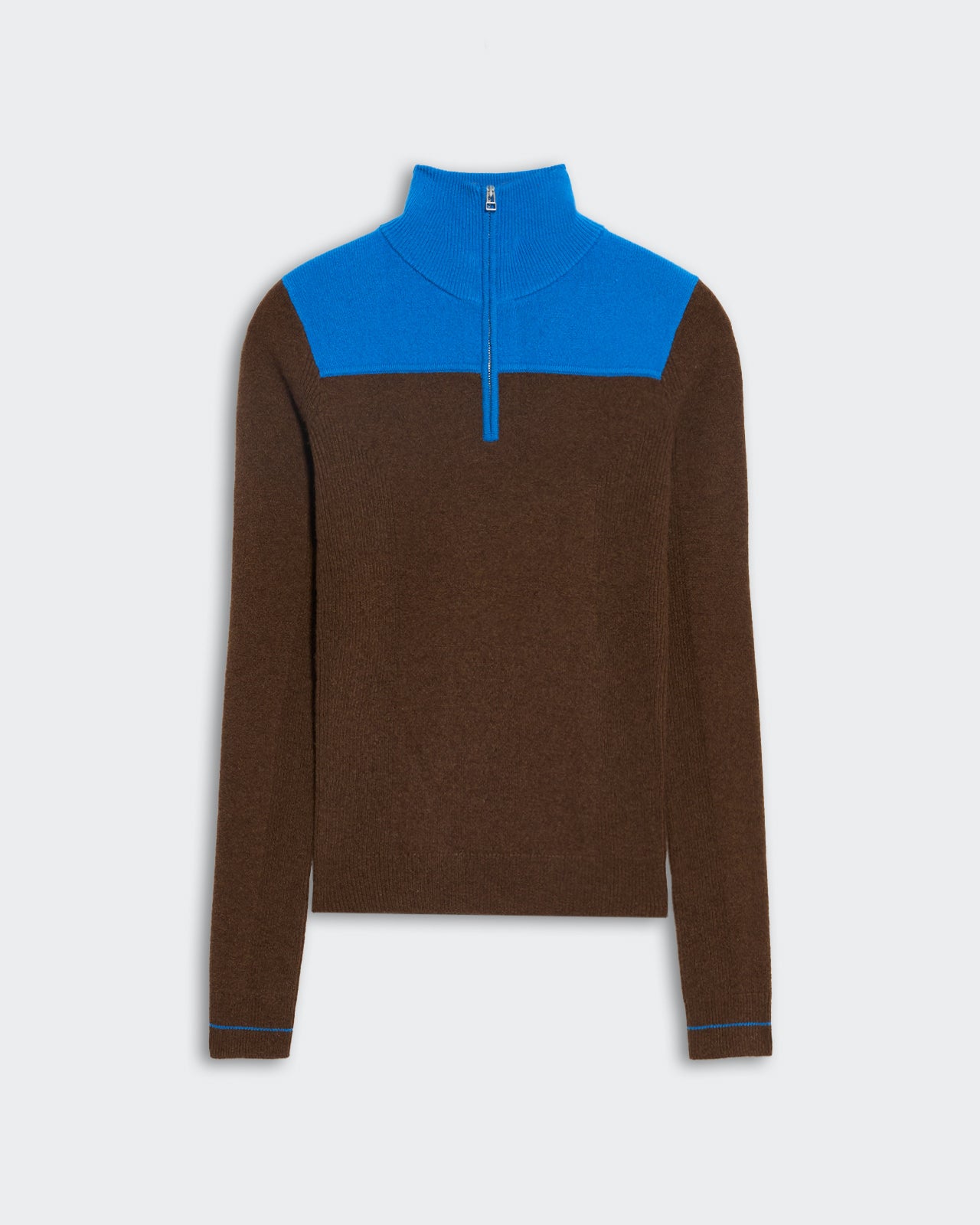Lightweight Alpine Half Zip pullover in chestnut brown with twilight blue color block shoulder yoke and front zip collar