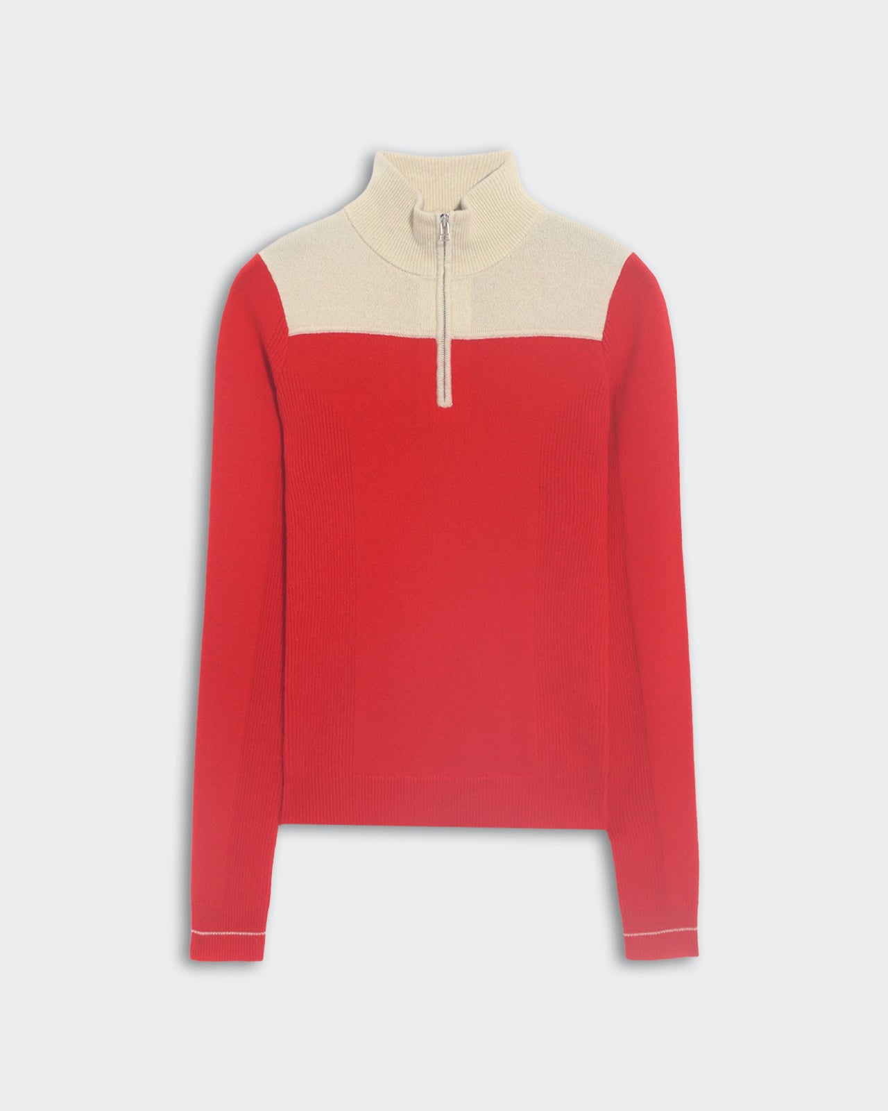 Lightweight fitted Alpine Half Zip polo in chili red with mist contrast yoke and front zip placket design