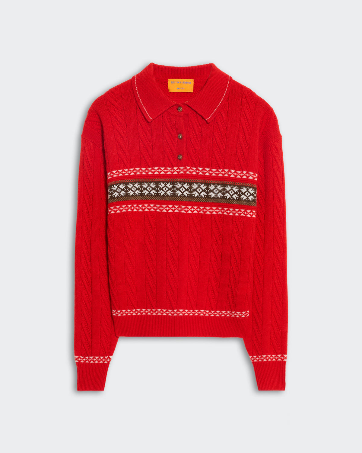 Red mid-weight cable knit polo with fairisle snowflake pattern across chest and sleeve cuffs.