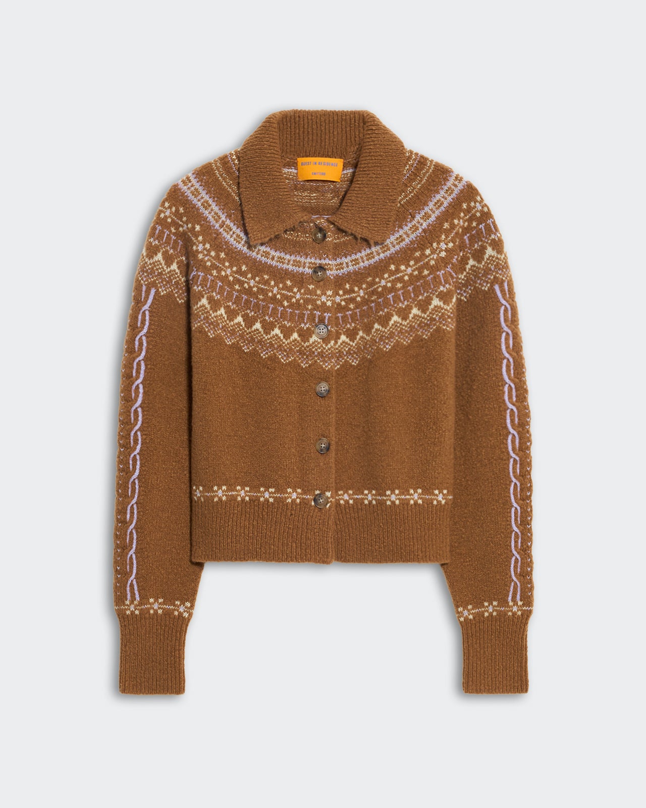 Almond brown Cloud Chalet cardigan with Fairisle yoke, rib polo collar, button front, and relaxed fit wool blend design