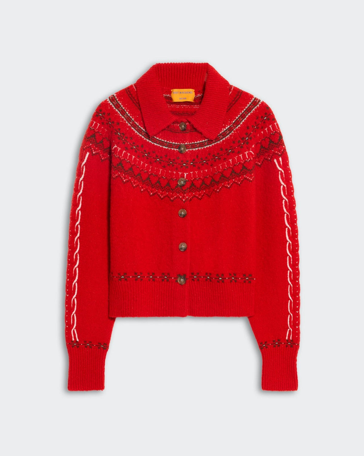 Red Cloud Chalet Fairisle yoke cardigan with rib polo collar, front buttons, and patterned raglan sleeves in chili combo color.