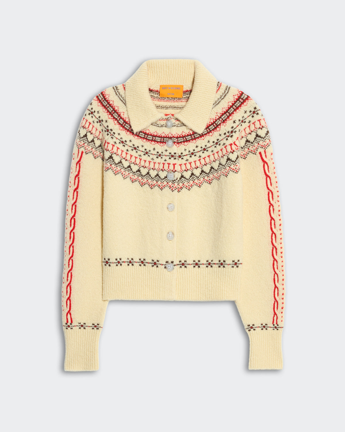 Cream chunky knit cardigan with red and gray fairisle yoke pattern, front buttons, ribbed collar, cuffs, and hem