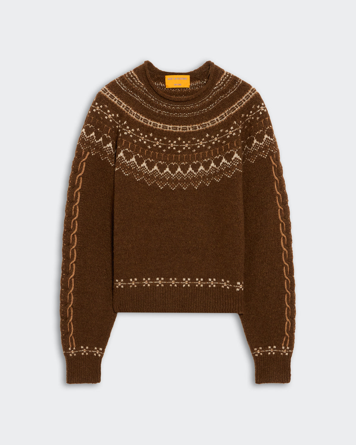 Chestnut brown heavy-weight Fairisle yoke crew neck sweater with raglan sleeves and cable knit details on arms