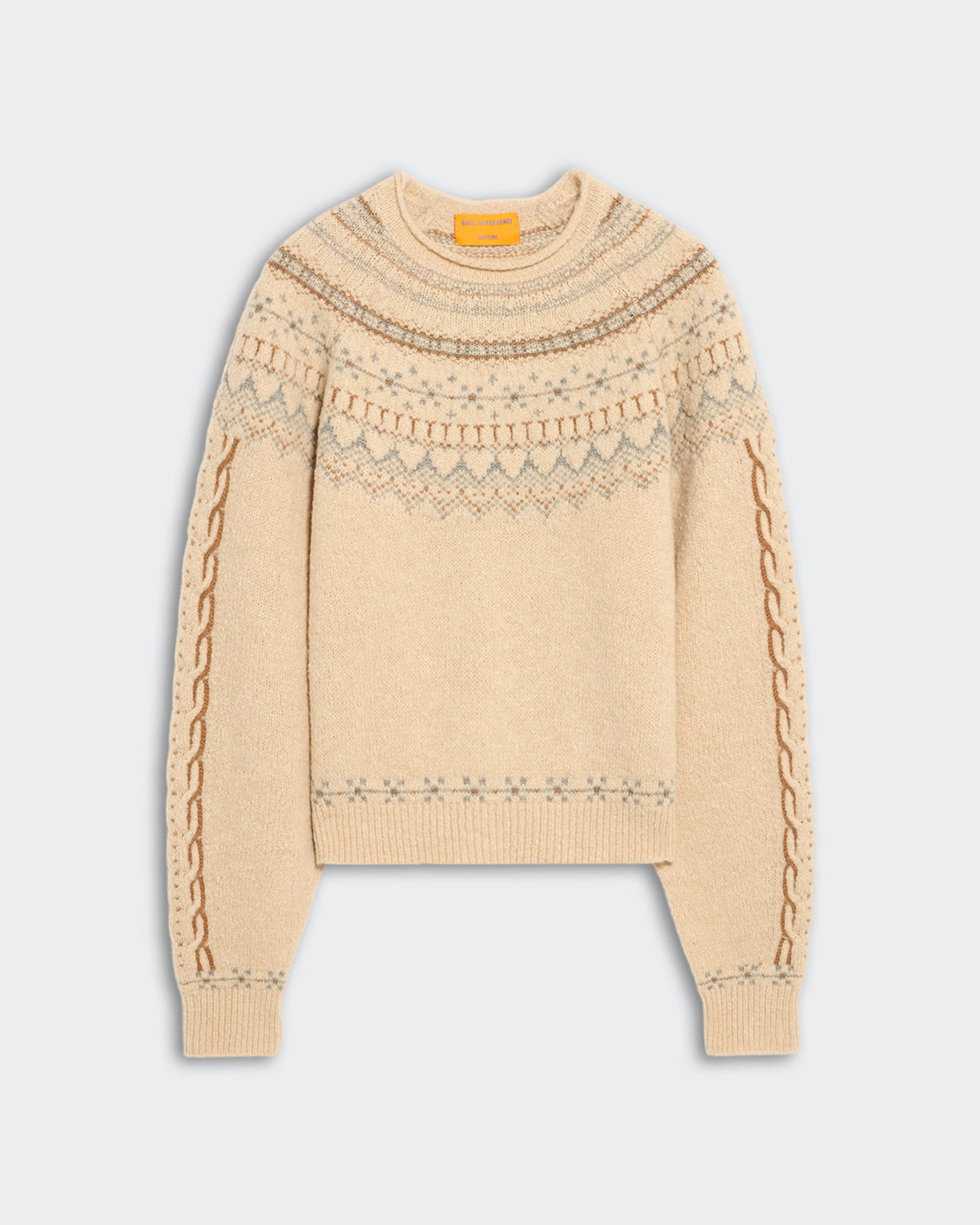 Sandstone fairisle yoke crew neck pullover sweater with raglan sleeves and cable knit detail on arms