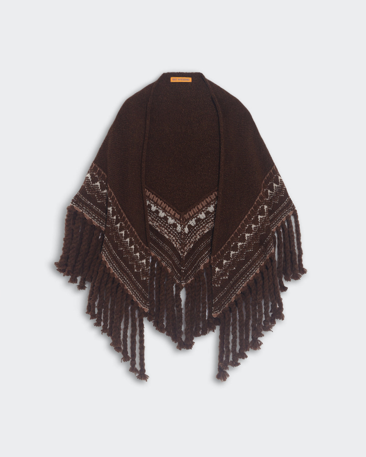Chestnut combo heavy-weight Fairisle shawl with twisted rope fringe and wool cashmere blend fabric