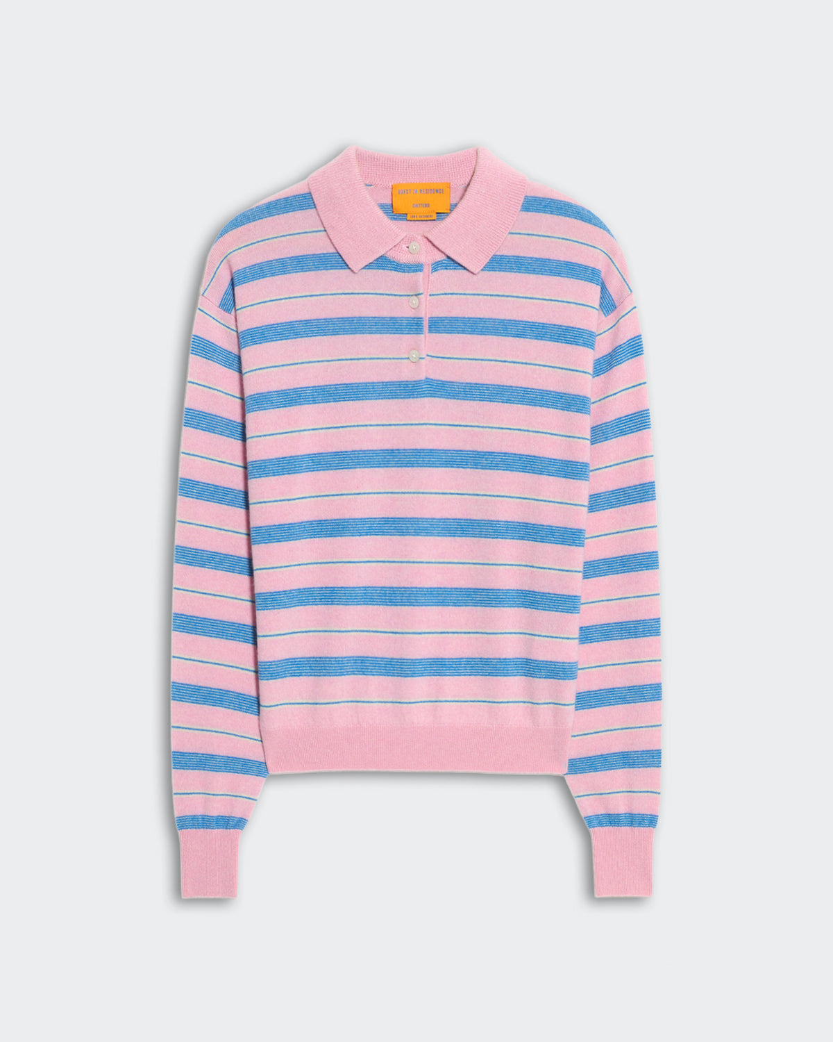 Women's lightweight jersey polo shirt with pink and blue stripes, ribbed cuffs, collar, and three-button placket closure.