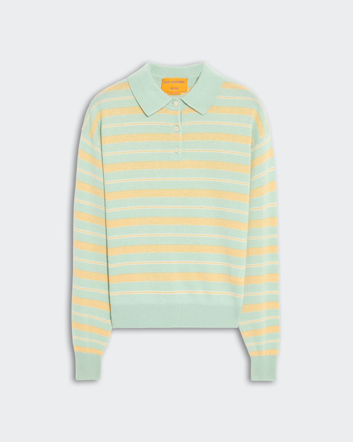 Lightweight women's collegiate stripe polo in seaglass and yellow with ribbed cuffs and three-button placket collar