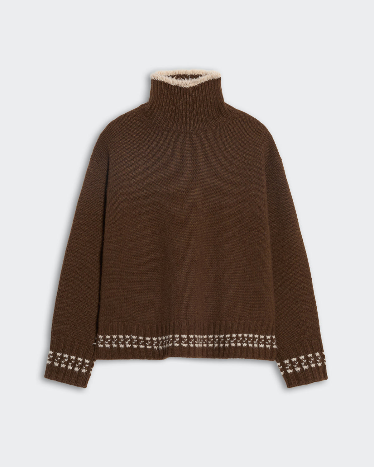 Chestnut heavy-weight cozy turtleneck sweater with sandstone contrast trim and fuzzy merino wool stitch details