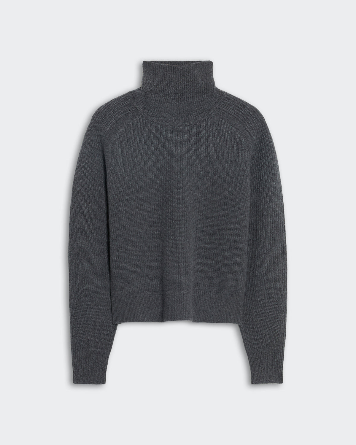 Charcoal cropped rib turtleneck sweater made from 100% premium cashmere with raglan armhole and relaxed fit.