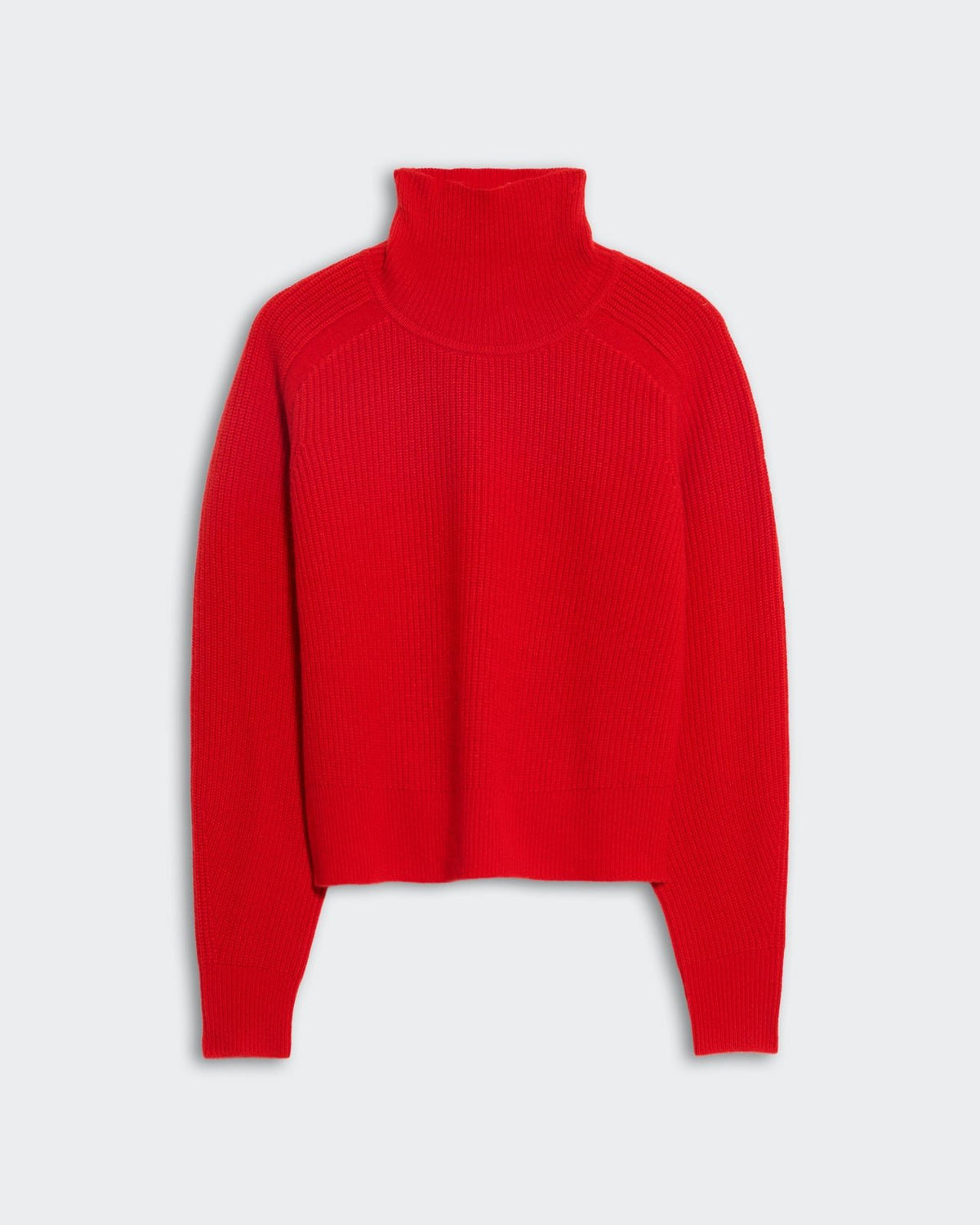 Cropped chili red ribbed cashmere turtleneck sweater with raglan armholes and relaxed fit