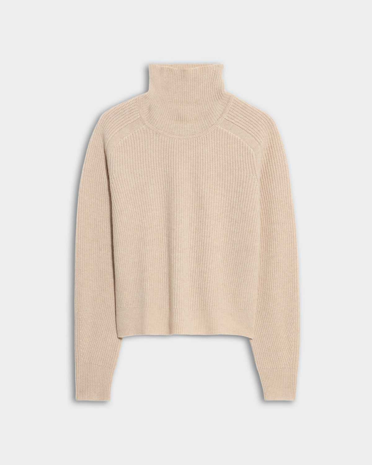 Cropped sandstone ribbed turtleneck sweater with raglan armhole in heavy-weight 100% premium cashmere.