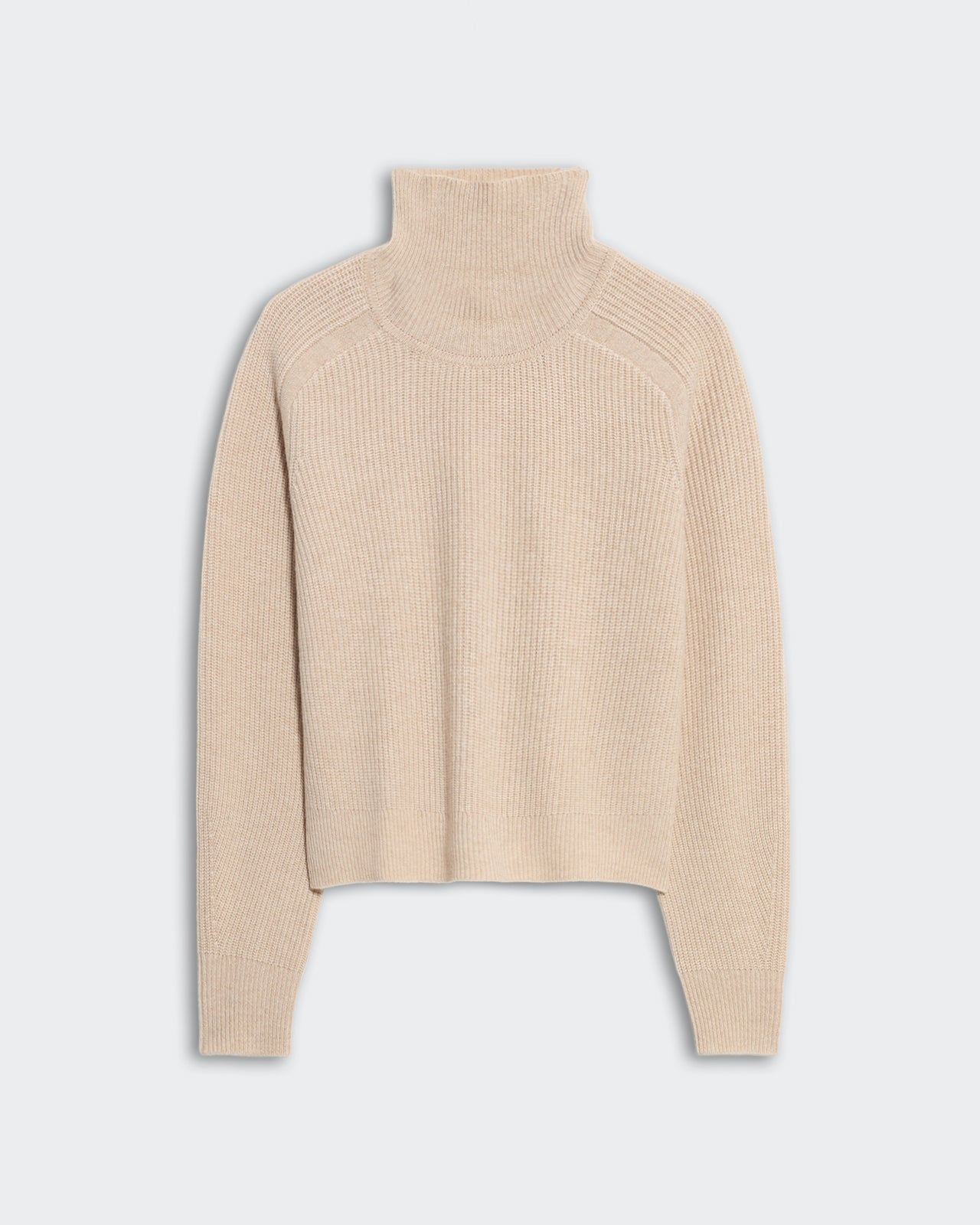 Cropped sandstone ribbed turtleneck sweater with raglan armhole in heavy-weight 100% premium cashmere.