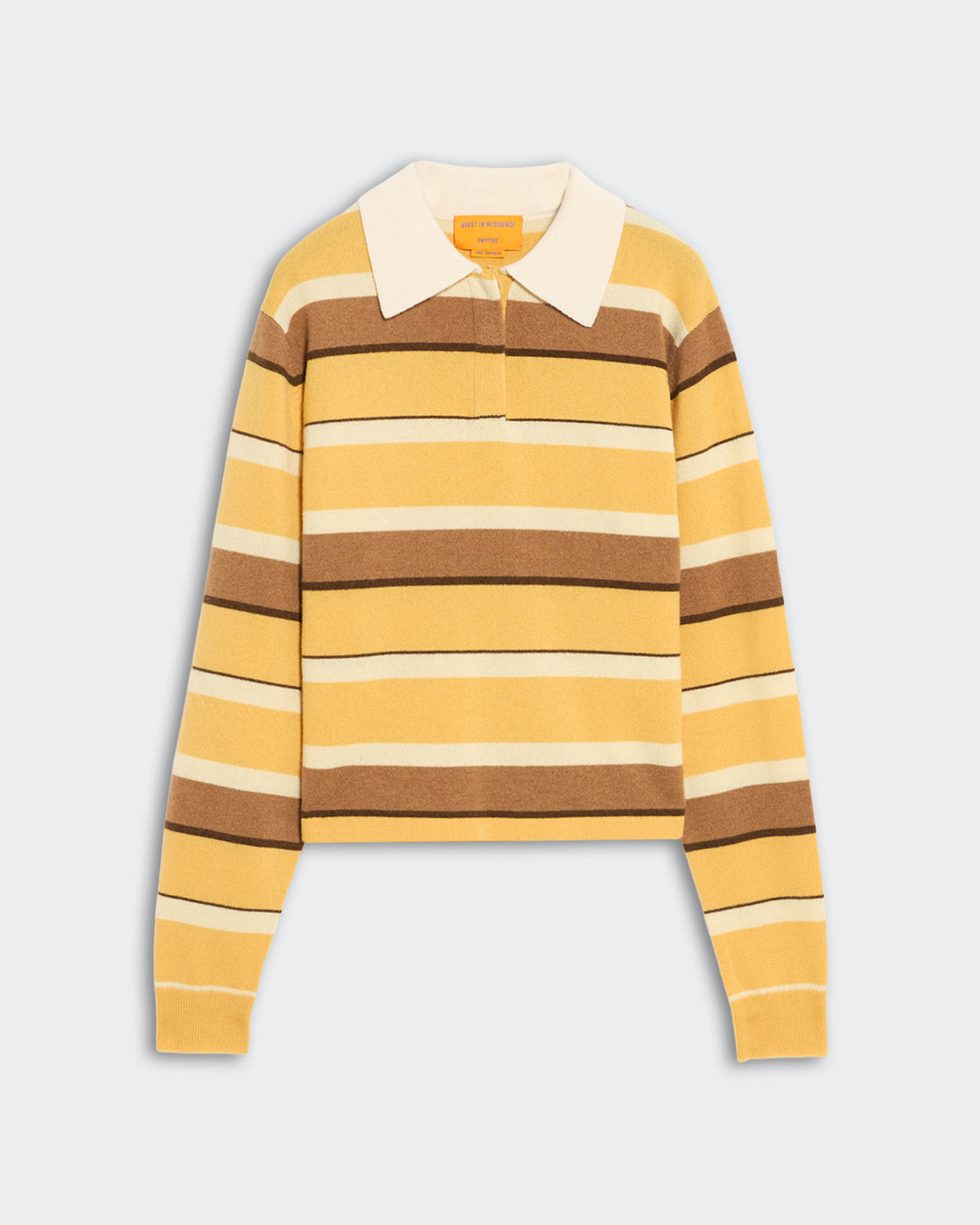 Women's cropped rugby polo sweater with horizontal stripes in yellow and brown, rib sleeve cuffs, and a white collar