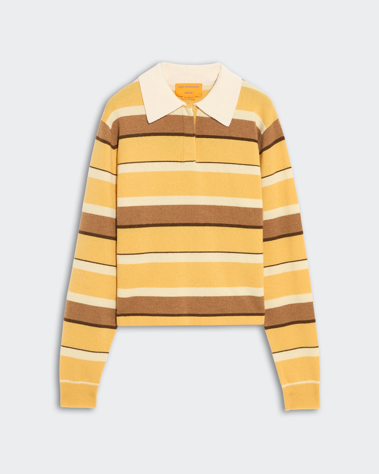 Women's cropped rugby polo sweater with horizontal stripes in yellow and brown, rib sleeve cuffs, and a white collar