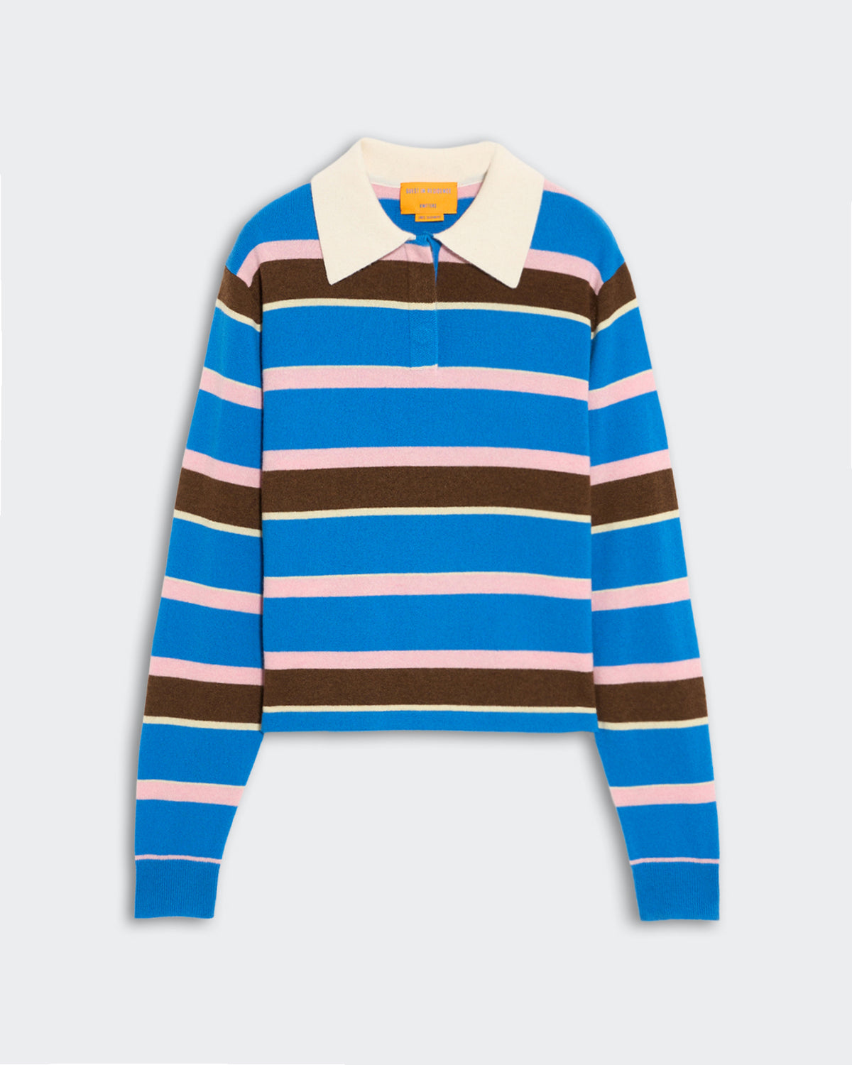 Women's cropped rugby polo sweater with textured horizontal stripes in blue, pink, and brown, featuring a white collar and ribbed cuffs