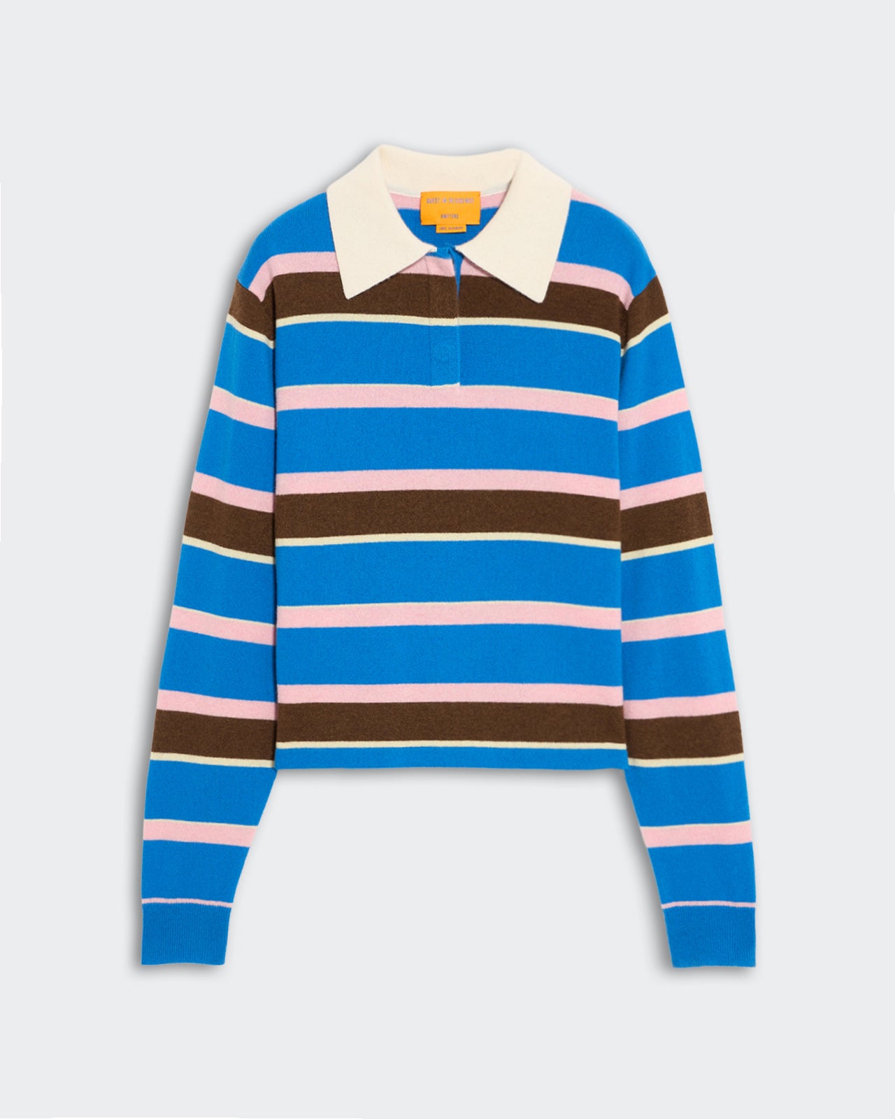 Women's cropped rugby polo sweater with textured horizontal stripes in blue, pink, and brown, featuring a white collar and ribbed cuffs