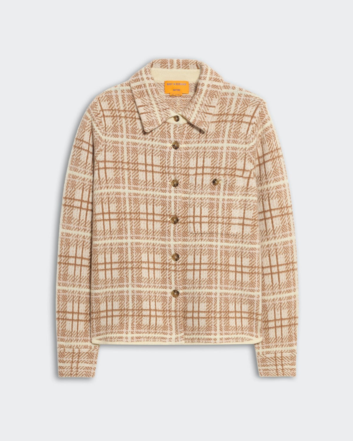 Women's Dylan plaid button-down shirt in beige and brown with chest pockets and cuffed sleeves, relaxed fit.