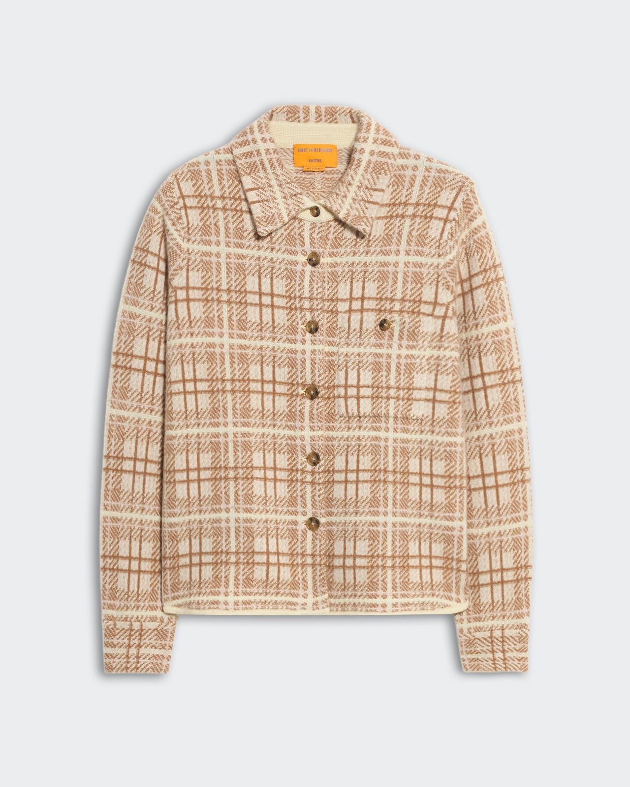 Women's Dylan plaid button-down shirt in beige and brown with chest pockets and cuffed sleeves, relaxed fit.