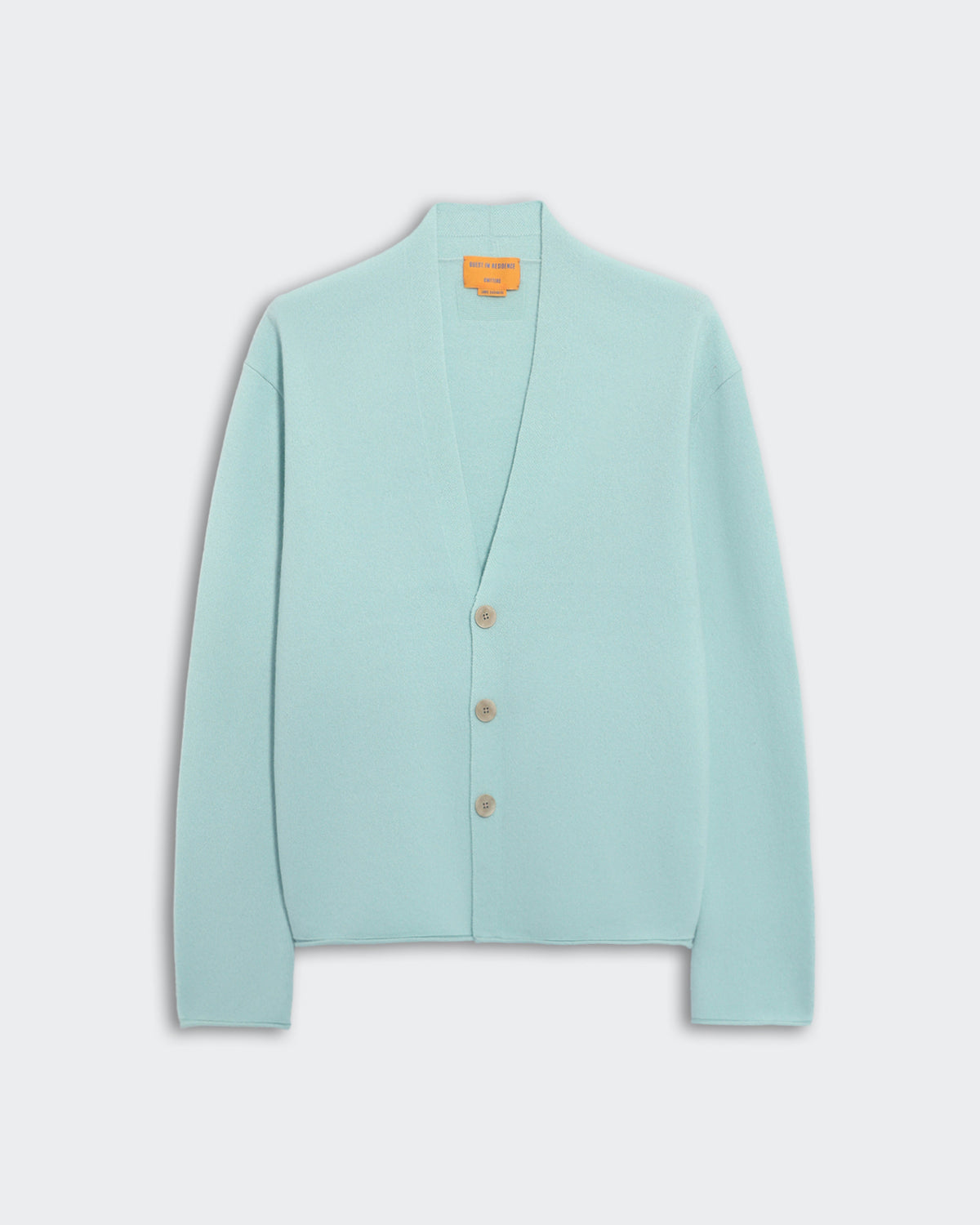 Light blue Everywear cardigan with three-button closure and shawl collar in men's sizing flat lay on white background