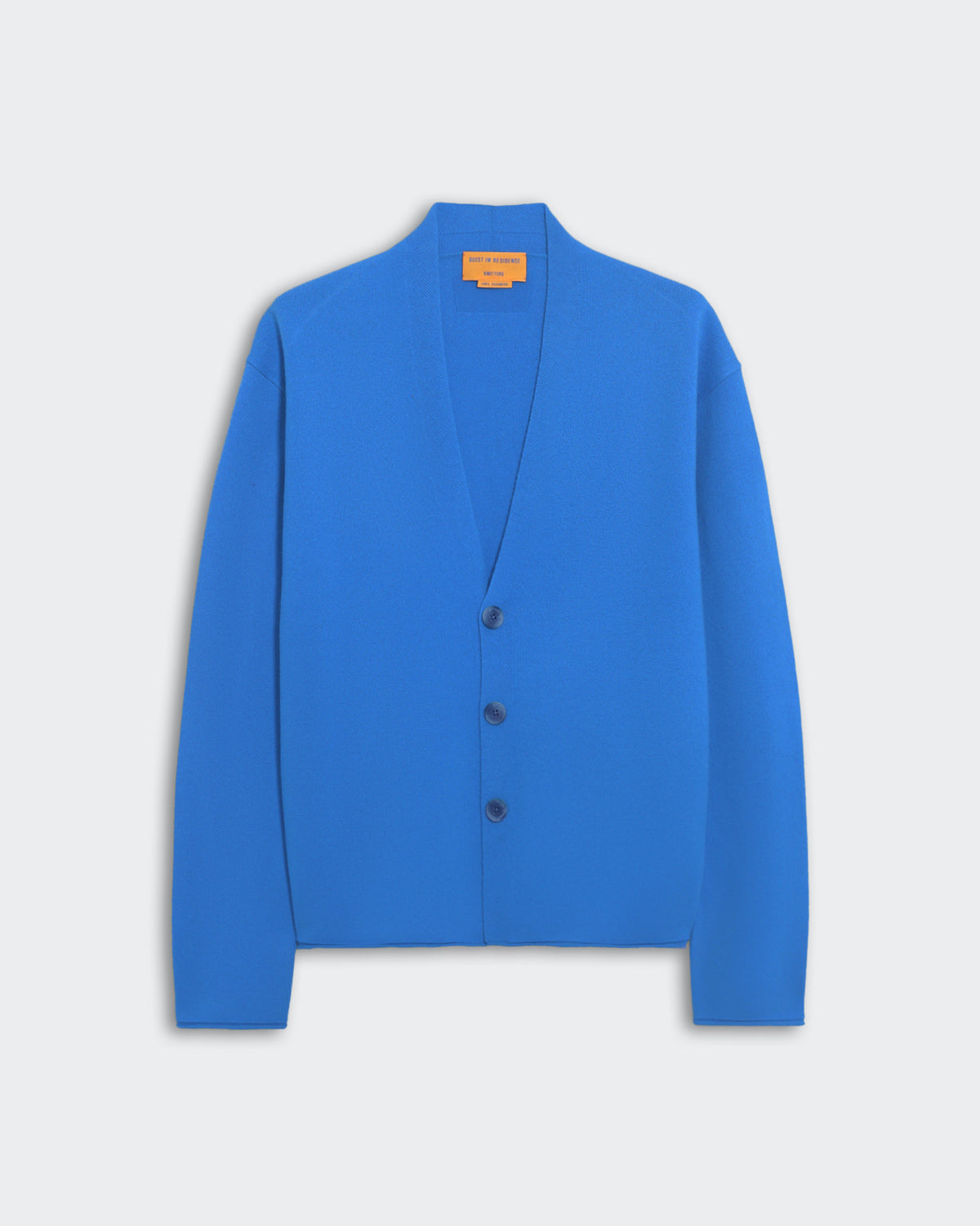 Men's medium-weight Everywear Cardigan in Twilight blue with three-button closure and shawl collar stand