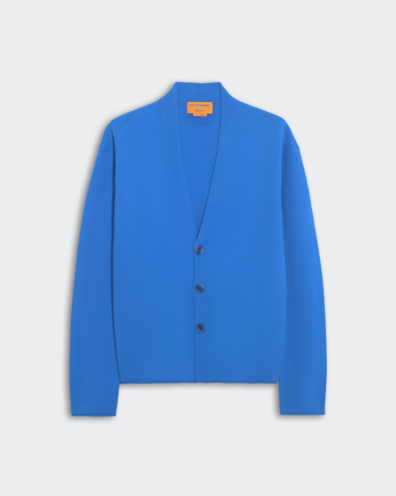 Men's medium-weight Everywear Cardigan in Twilight blue with three-button closure and shawl collar stand