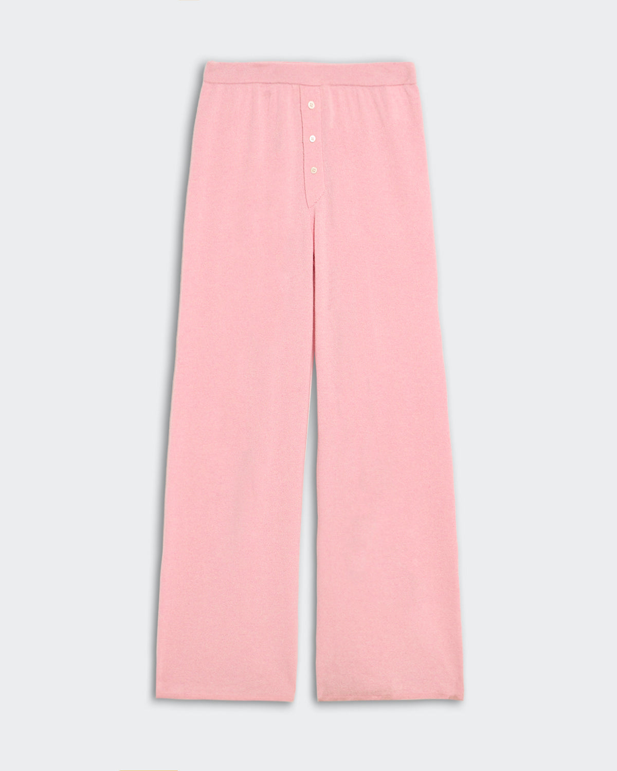 Women's relaxed fit everywear pants in pink lightweight knit with elastic waistband and button placket closure