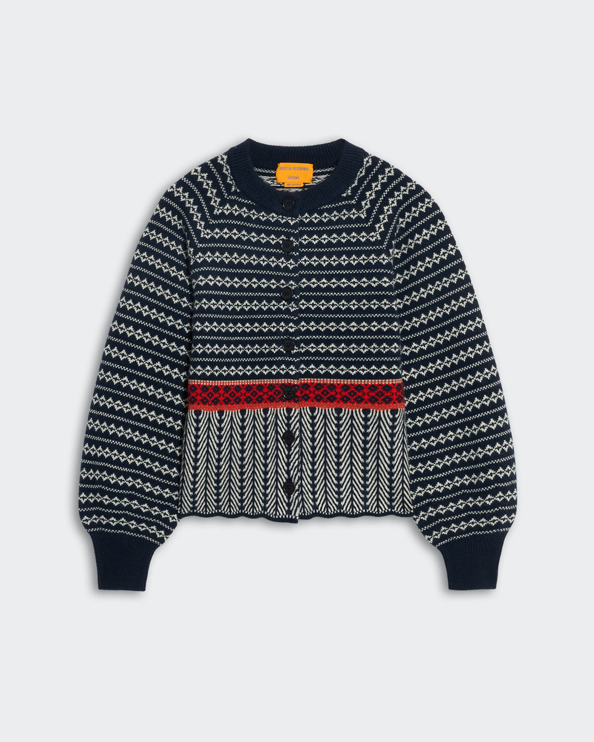 Heavy weight Fair Isle sculpted cardigan in midnight combo with front buttons and red trim detail at hem