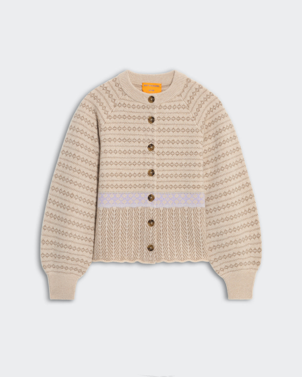 Heavyweight Fair Isle sculpted cardigan in sandstone, featuring front buttons and intricate Fair Isle hem trim.
